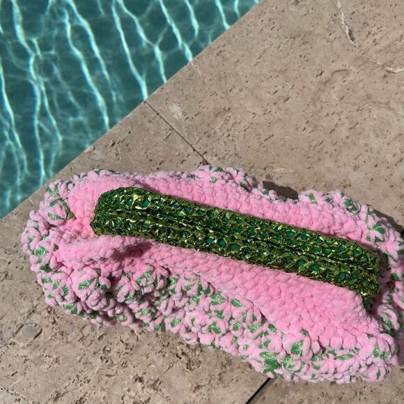 Vacation Purse Pink Green Knit Metallic Clutch Bag - Picture 3 of 7